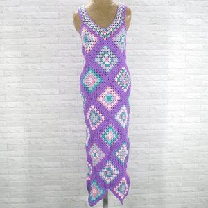 HAND CRAFTED Crochet Granny Square Sleeveless Midi Handmade Lavender XL